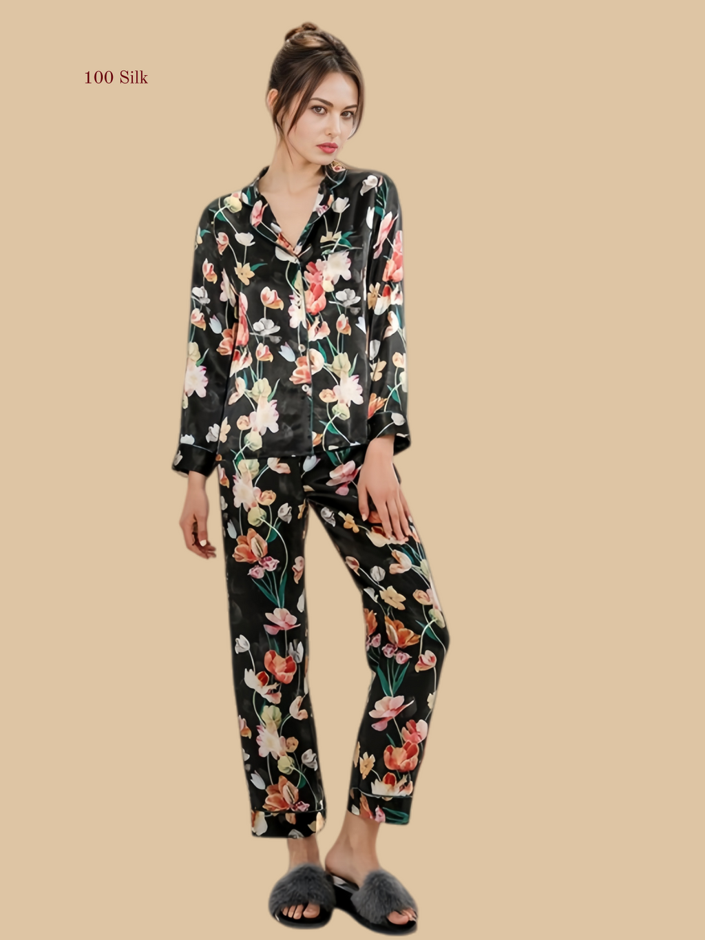 Black 16mm printed pajama set front view with floral print and contrast piping