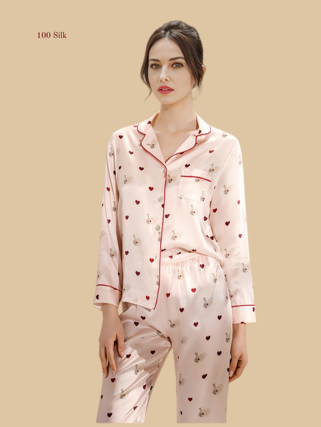 Pink 16mm printed pajama set front view with heart print, contrast piping, and full-length pants