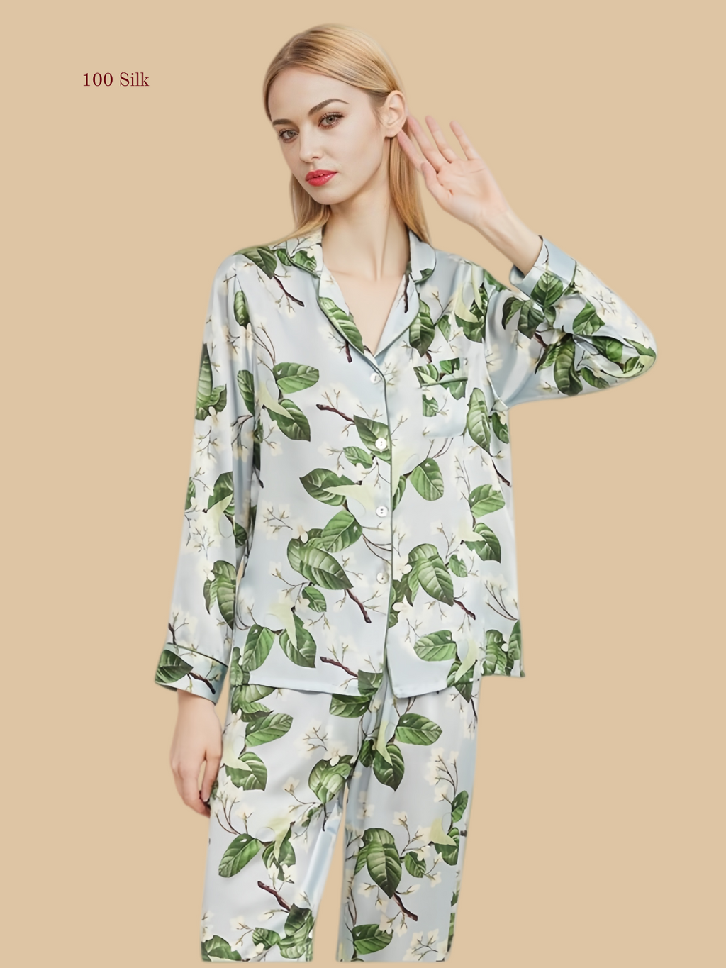 Light blue 16mm printed pajama set front view with leafy botanical print and chest pocket