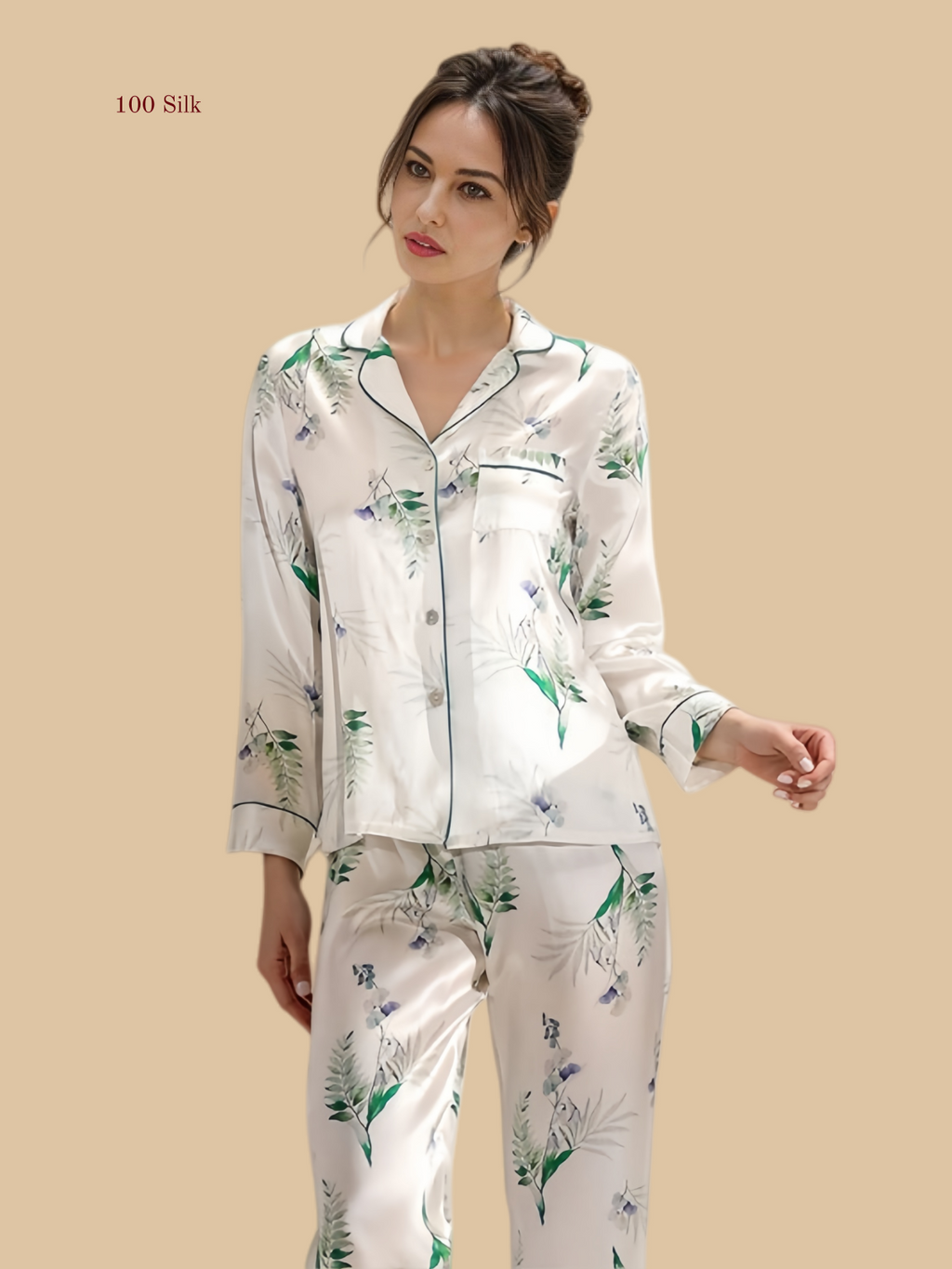 White 16mm printed pajama set front view with floral print and green contrast piping