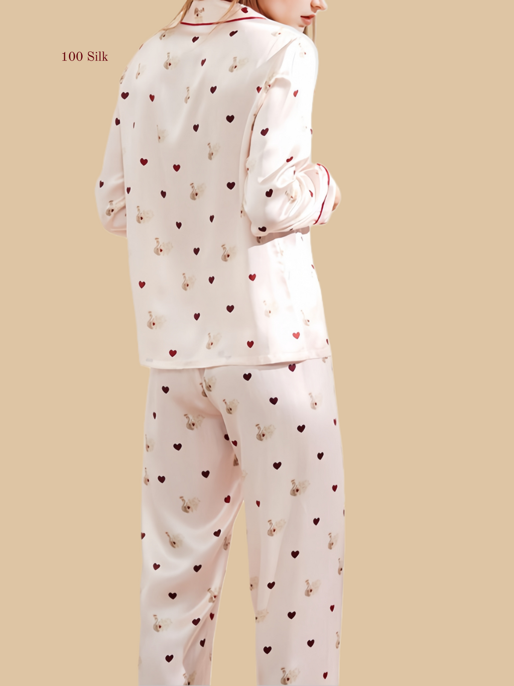 Pink 16mm printed pajama set back view with all-over heart and rabbit print