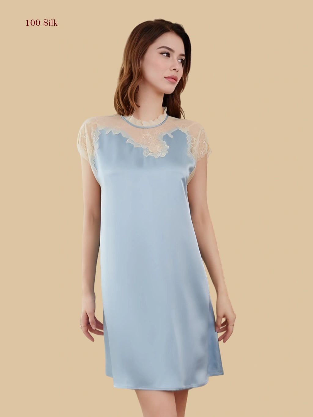 Blue 19mm silk sleep dress front view with sheer lace yoke and cap sleeve finish