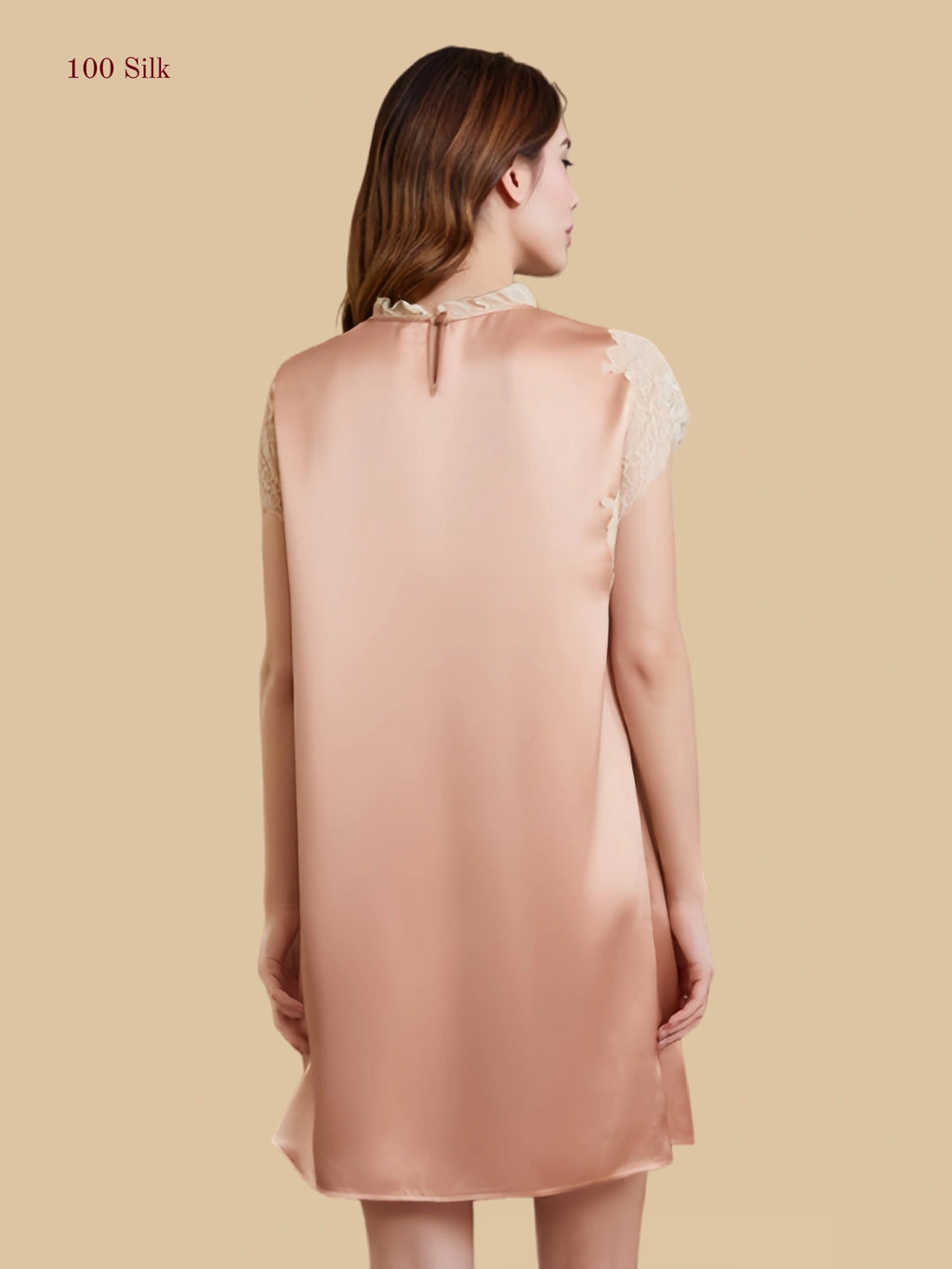 Brownish yellow 19mm silk sleep dress back view with soft keyhole closure and straight drape