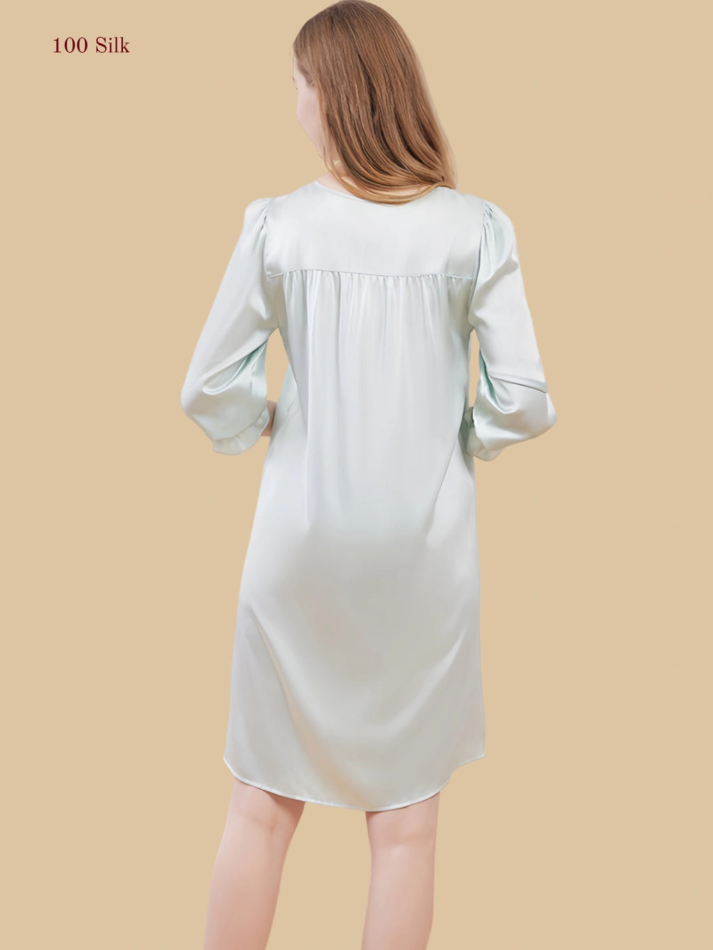 Green 19mm lace yoke silk nightgown back view showing clean rear panel and smooth drape