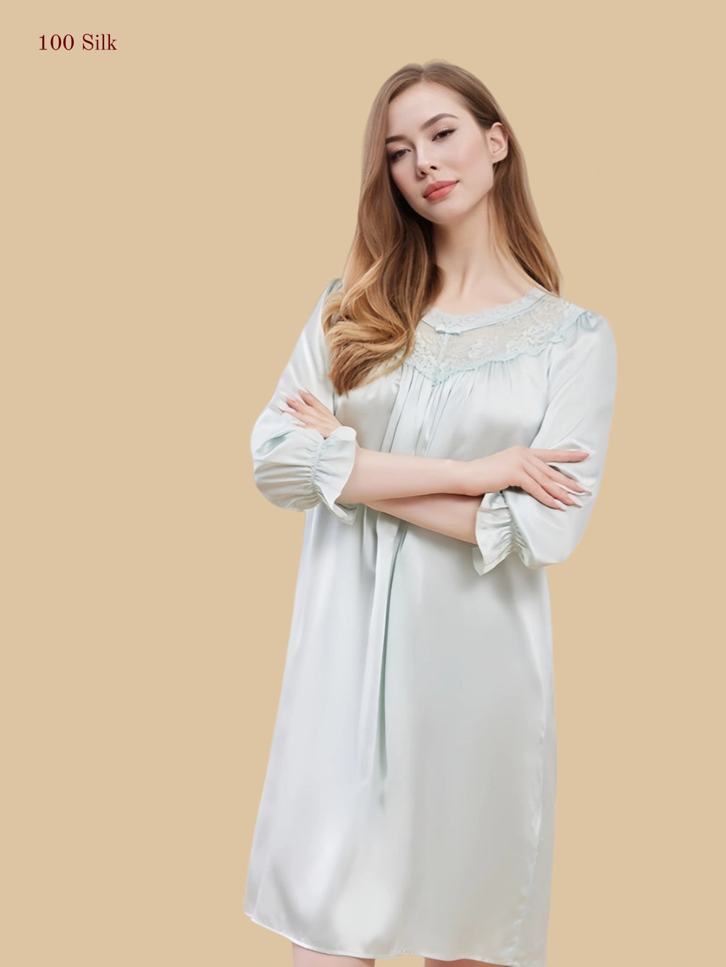 Green 19mm lace yoke silk nightgown front view with gathered front and soft elastic cuffs