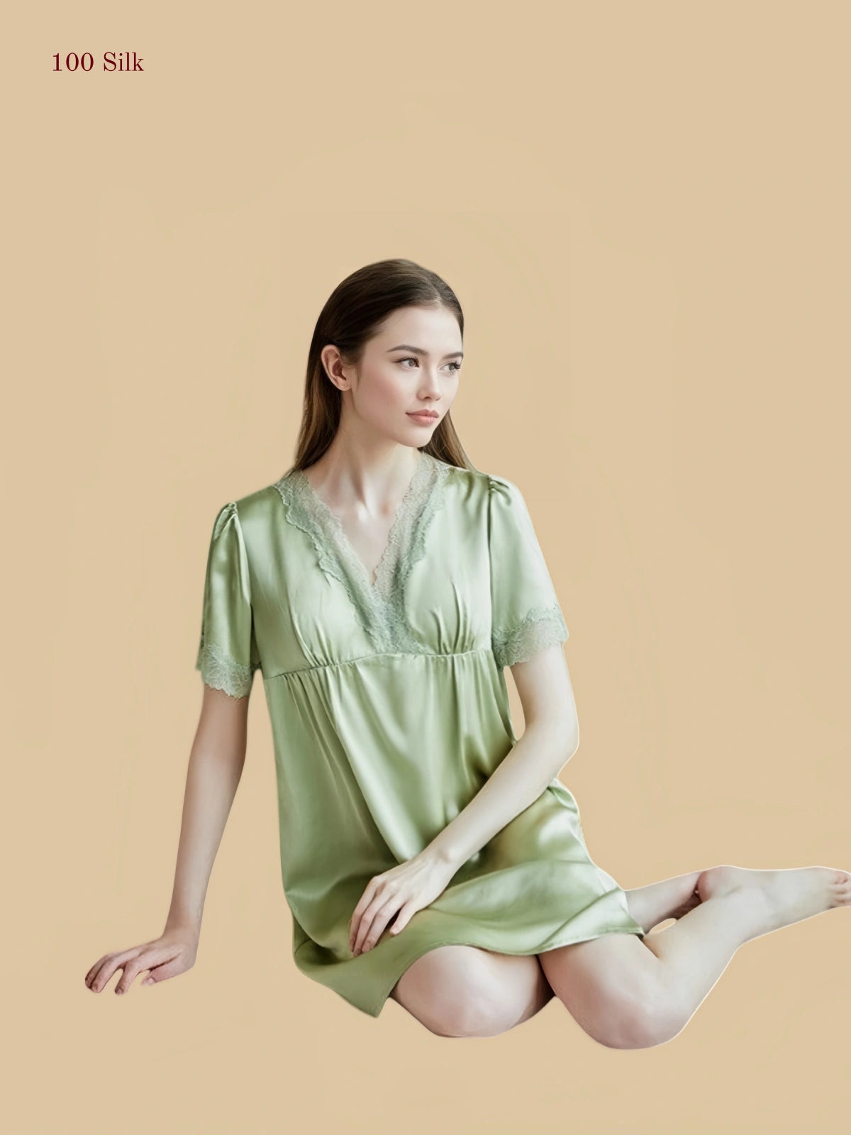 Sage Green 16 Momme silk short nightgown with lace V-neck and ruched bust detail | Silkgala