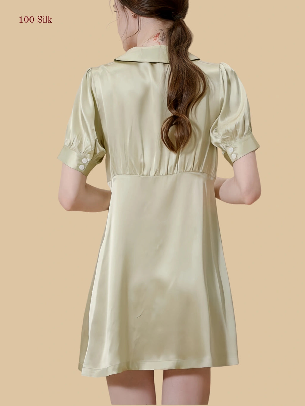 Cream 19mm silk sleep dress back view with empire seam and soft flared skirt