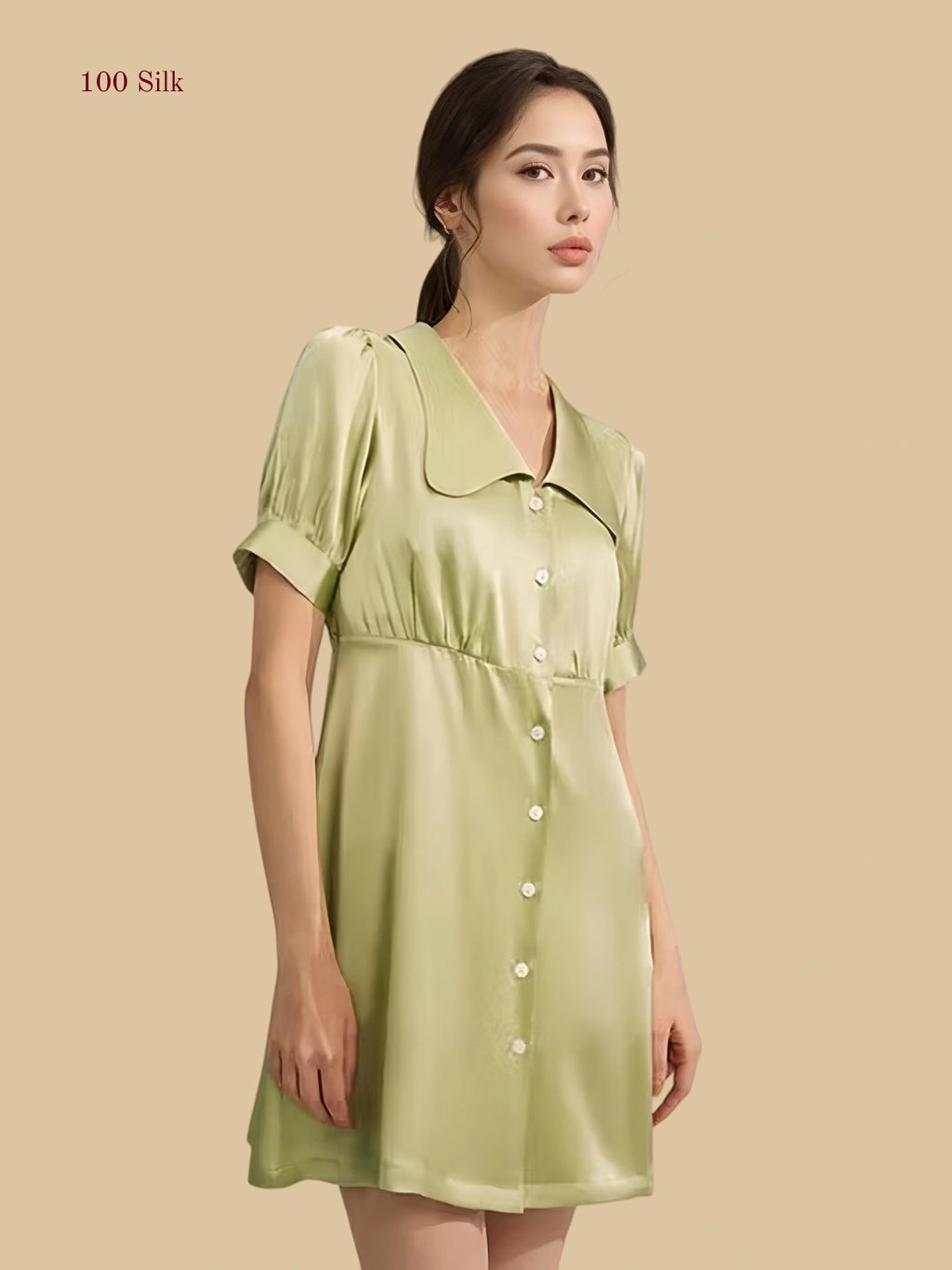 Cream 19mm silk sleep dress front view with short puff sleeves and A-line silhouette