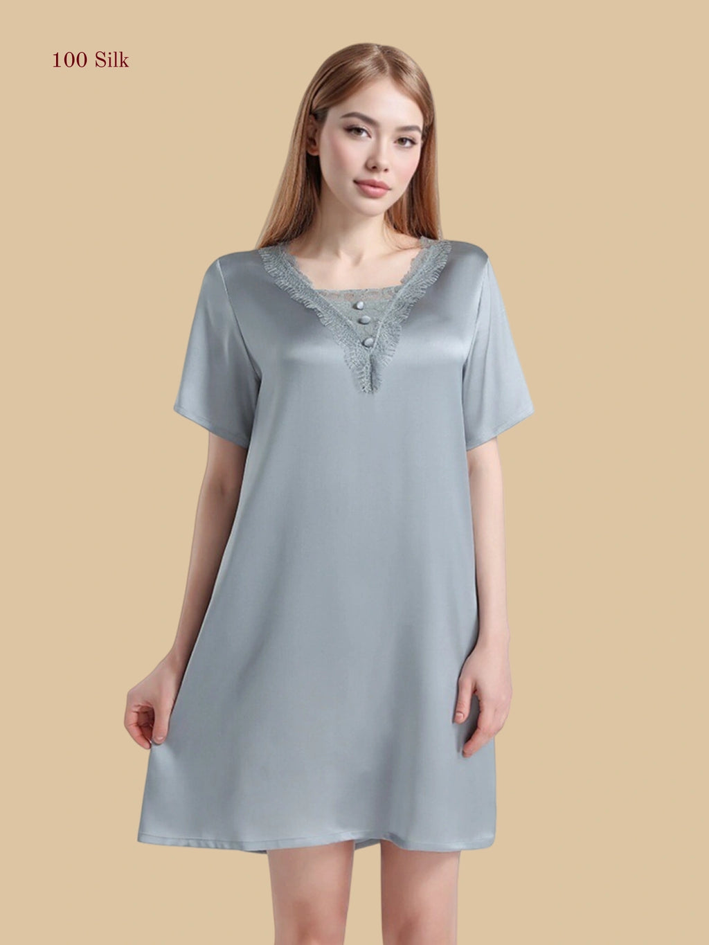 Grey 16mm silk sleep dress front view with lace-trim V inset and short sleeves