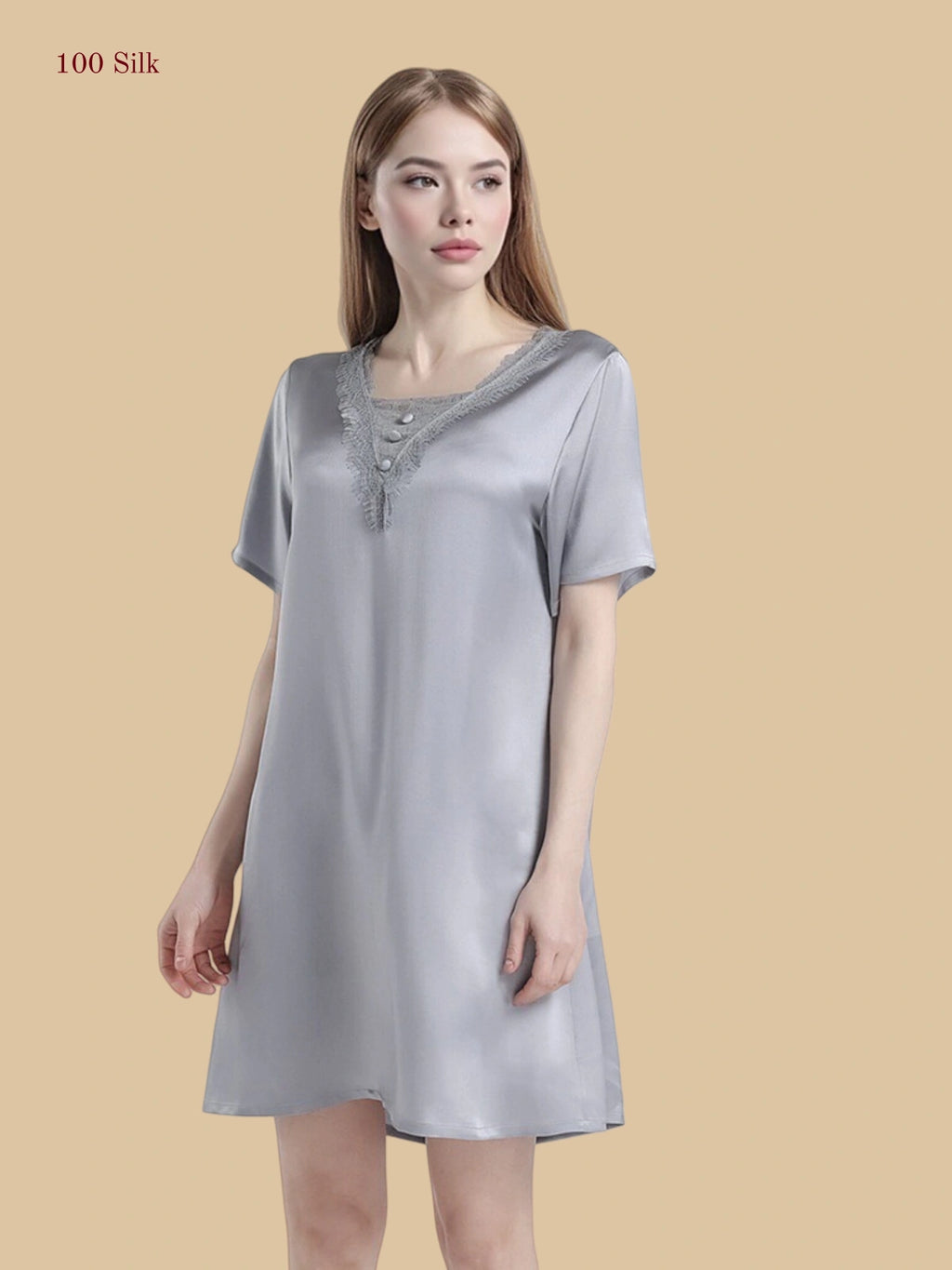 Grey 16mm silk sleep dress front view with lace-trim V inset and short sleeves