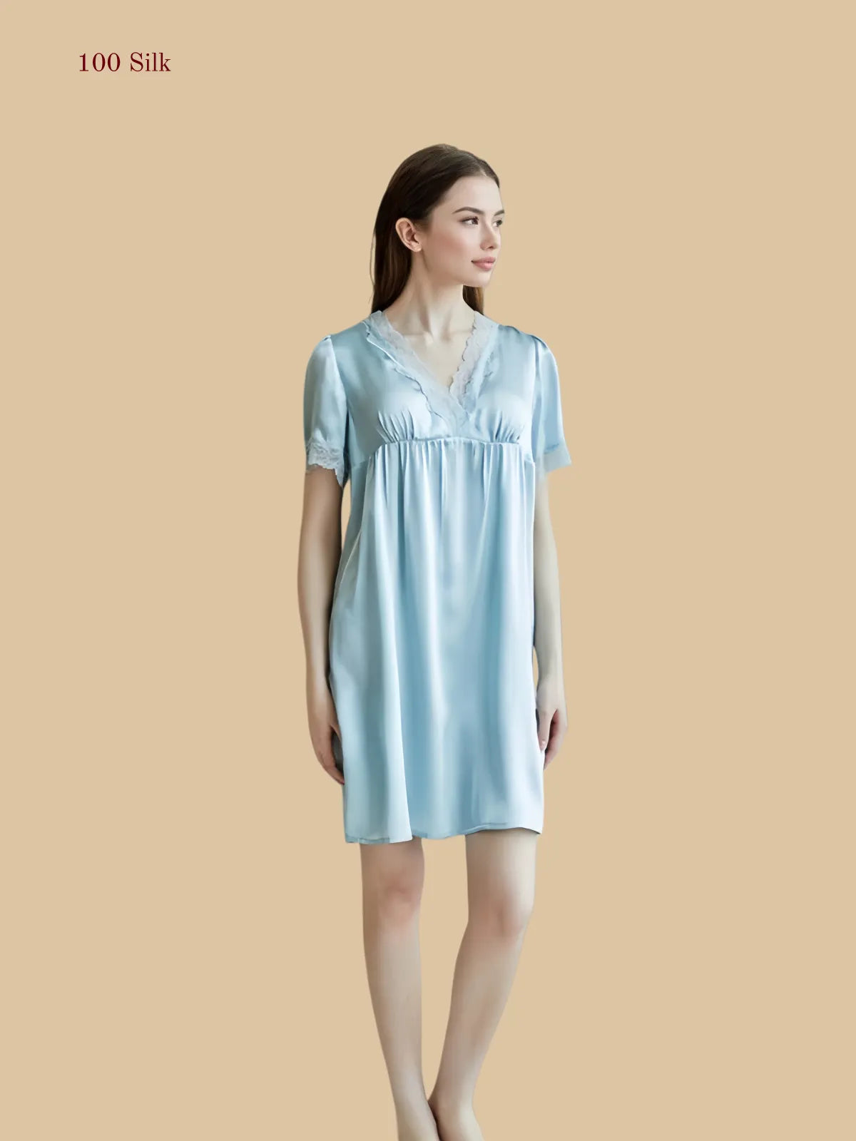 Sage Light Blue 16 Momme silk short nightgown with lace V-neck and ruched bust detail | Silkgala