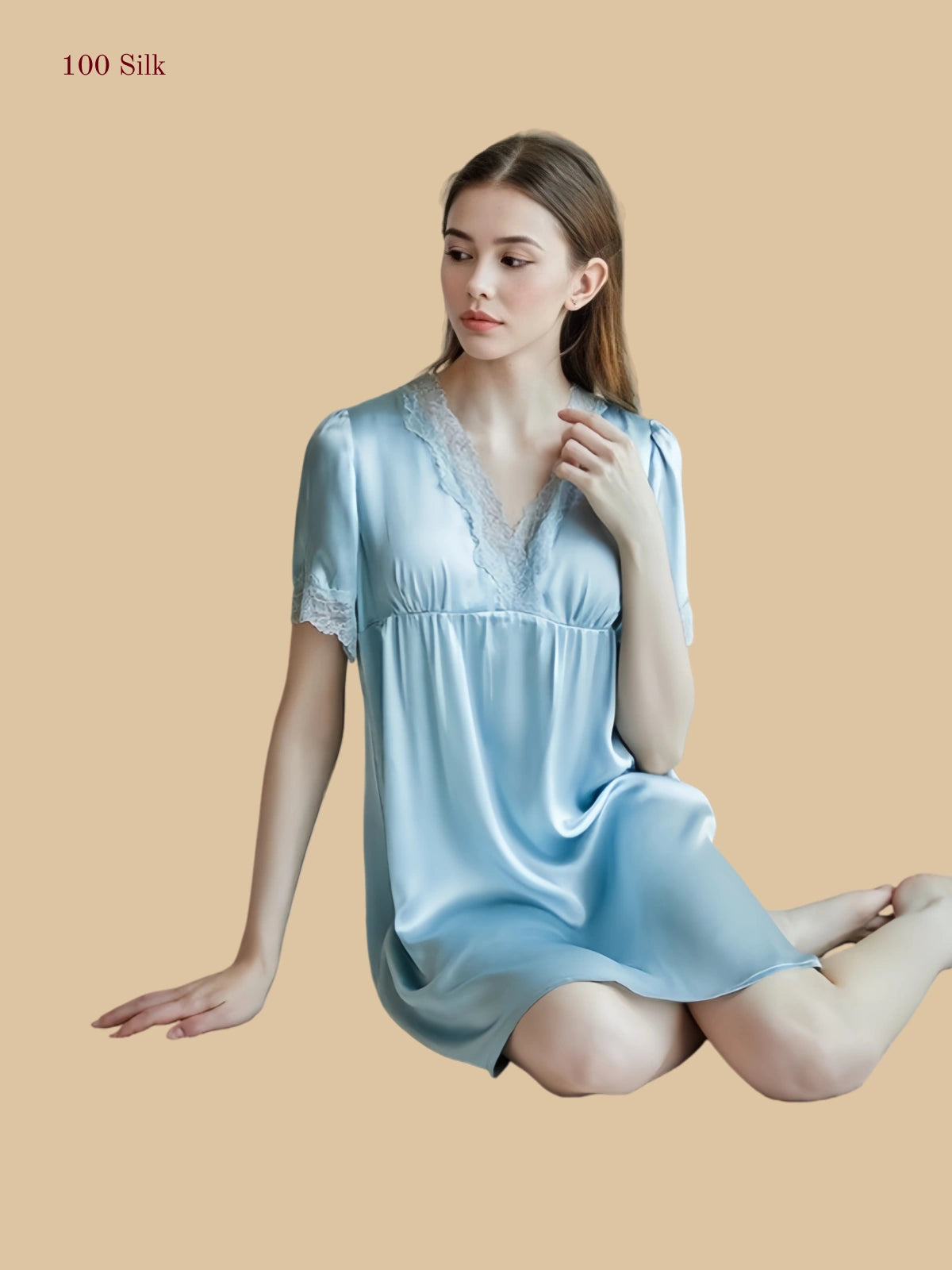 Sage Light Blue 16 Momme silk short nightgown with lace V-neck and ruched bust detail | Silkgala