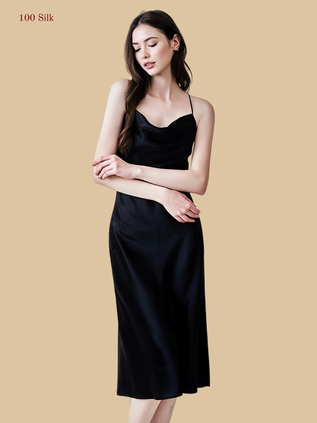 Women's Elegance Long Black Silk Slip Dress