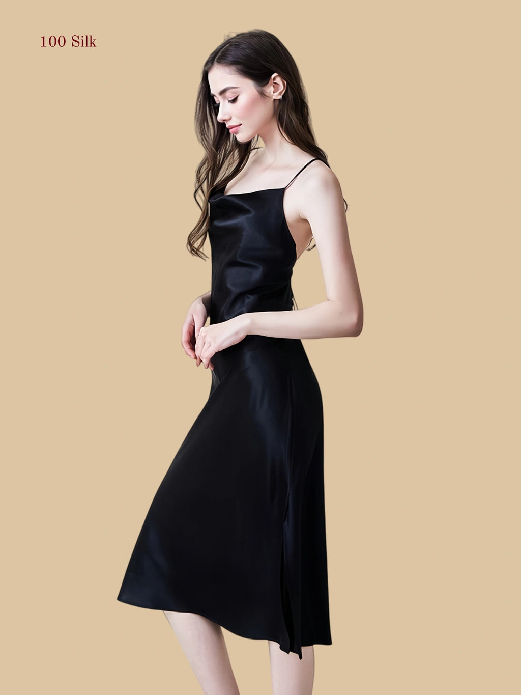 Women's Elegance Long Black Silk Slip Dress