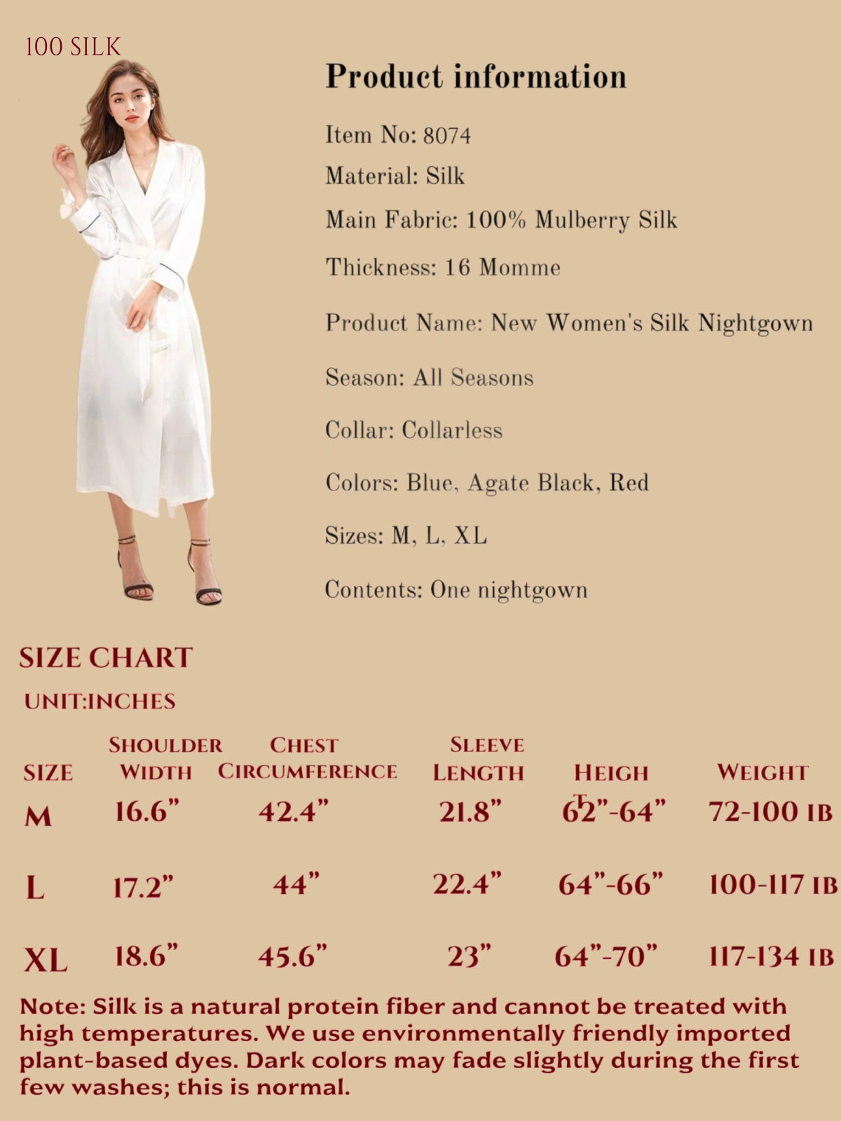 Size Chart and Measurements for 16MM Contrast Trim Silk Robe Set | Silkgala