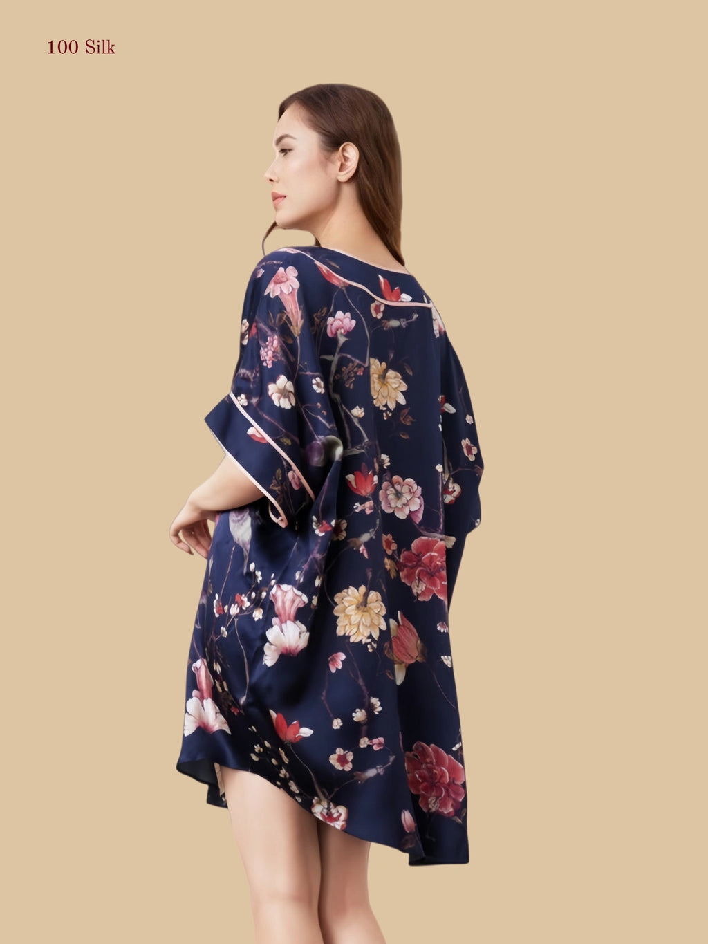 Navy floral 19mm silk lounge dress back view with curved hem and roomy drape