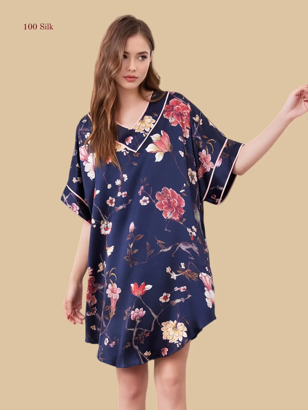 Navy floral 19mm silk lounge dress front view with kimono sleeves and tie waist