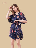 Navy floral 19mm silk lounge dress front view with kimono sleeves and tie waist