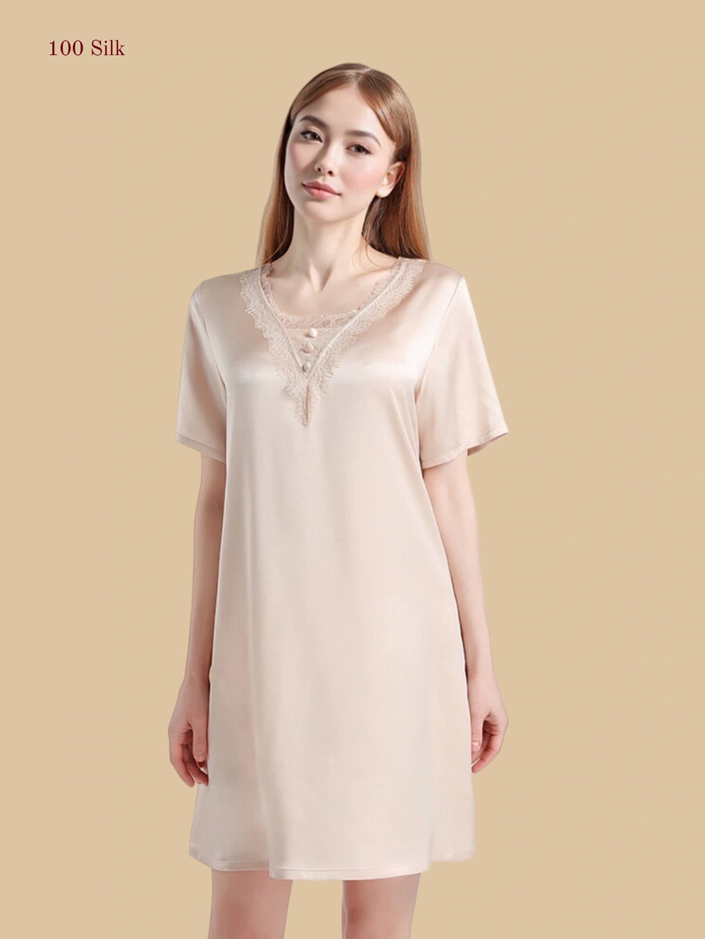 Dusty Rose 16mm silk sleep dress front view with lace-trim V inset and short sleeves