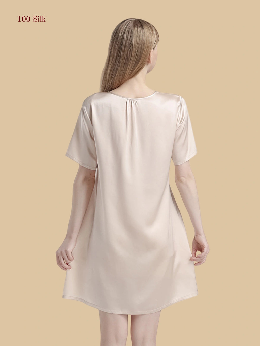 Dusty Rose 16mm silk sleep dress back view with loose short silhouette