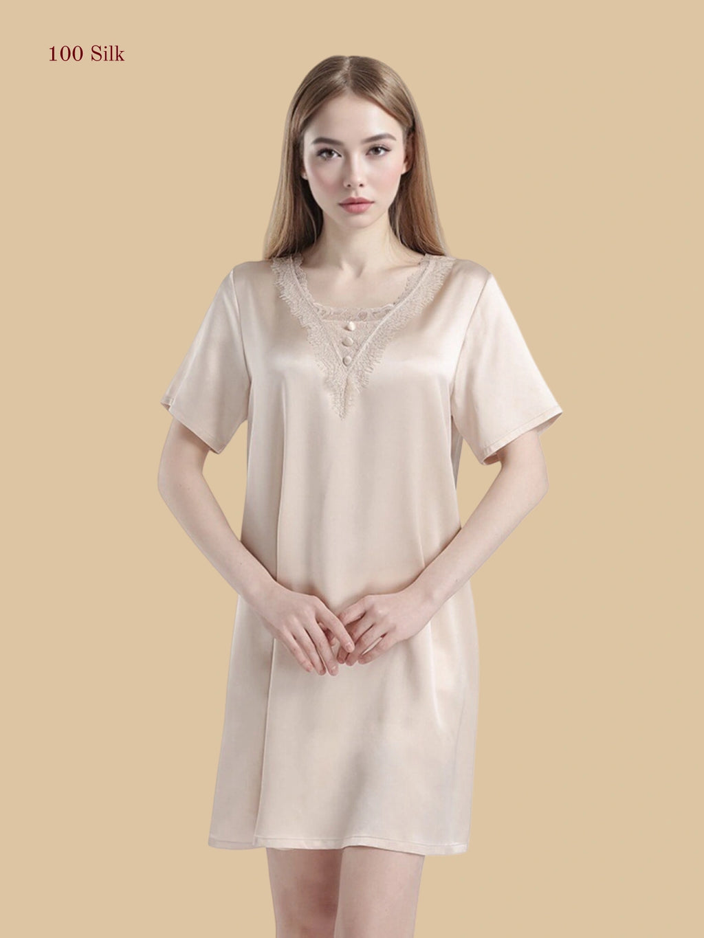 Dusty Rose 16mm silk sleep dress front view with lace-trim V inset and short sleeves