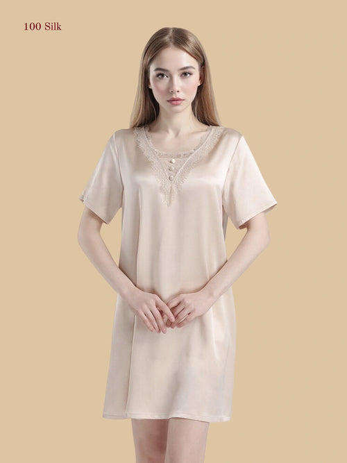 Dusty Rose 16mm silk sleep dress front view with lace-trim V inset and short sleeves