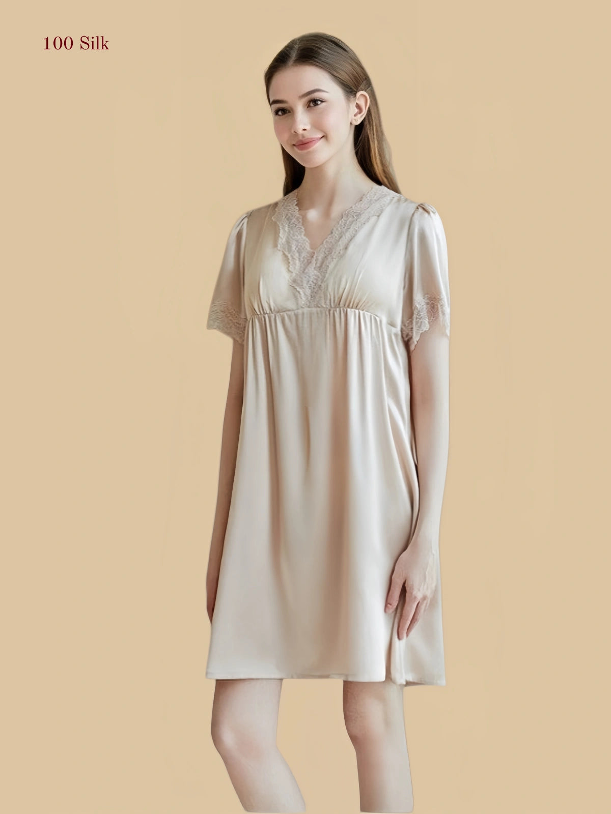Sage Off-White 16 Momme silk short nightgown with lace V-neck and ruched bust detail | Silkgala