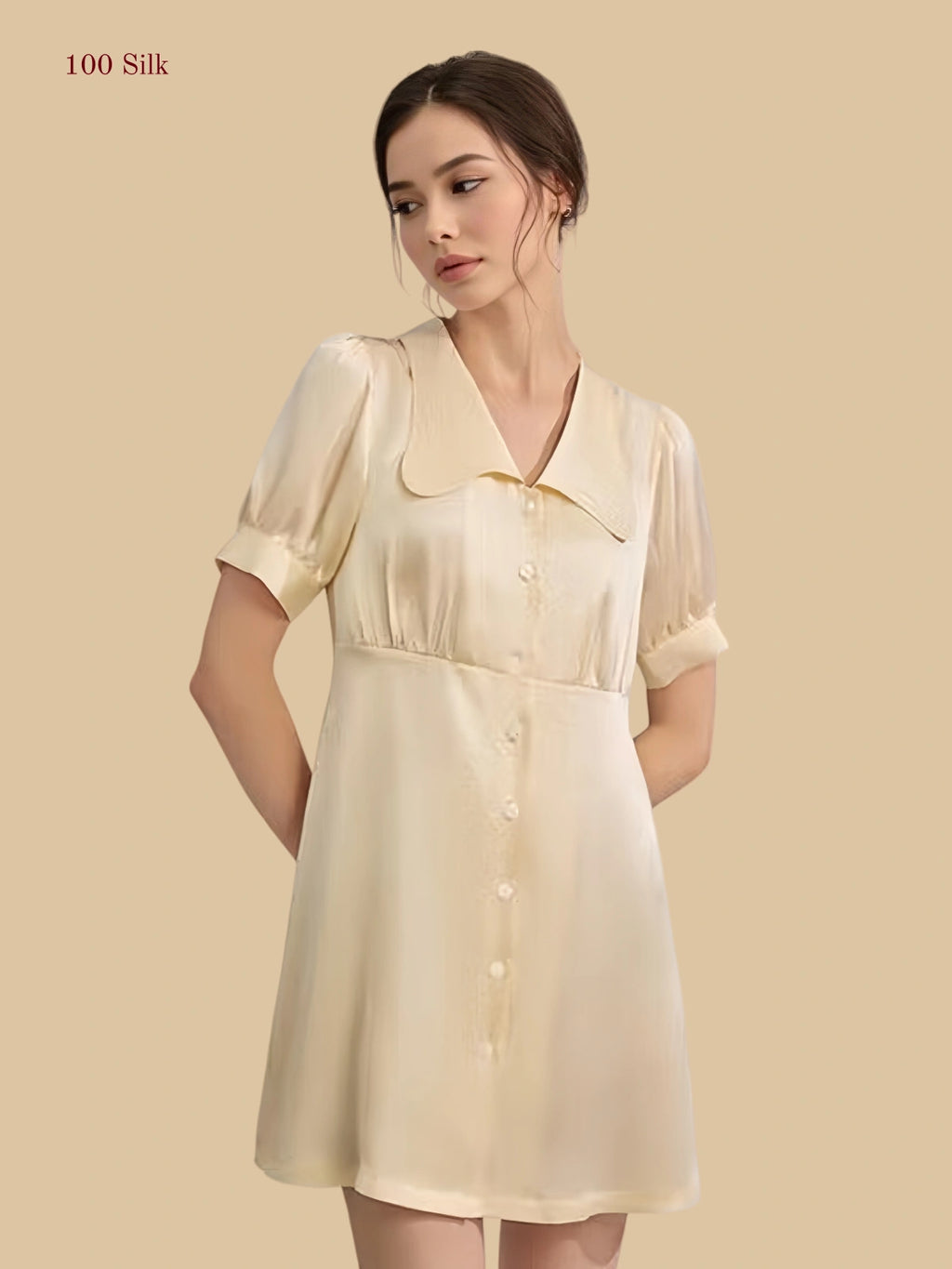 beige 19mm silk sleep dress front view with short puff sleeves and A-line silhouettee