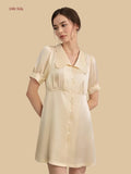 beige 19mm silk sleep dress front view with short puff sleeves and A-line silhouettee