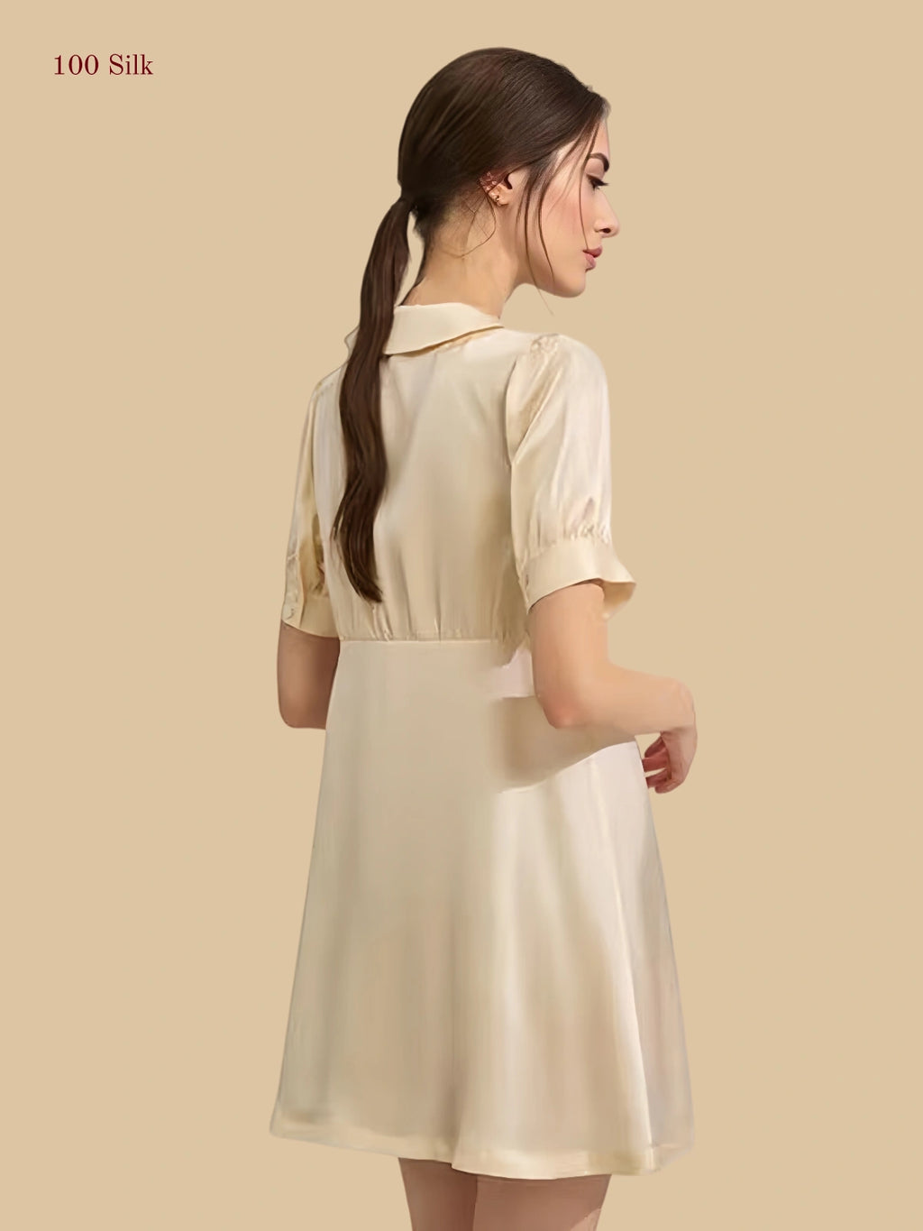 Beige 19mm silk sleep dress back view with empire seam and soft flared skirt