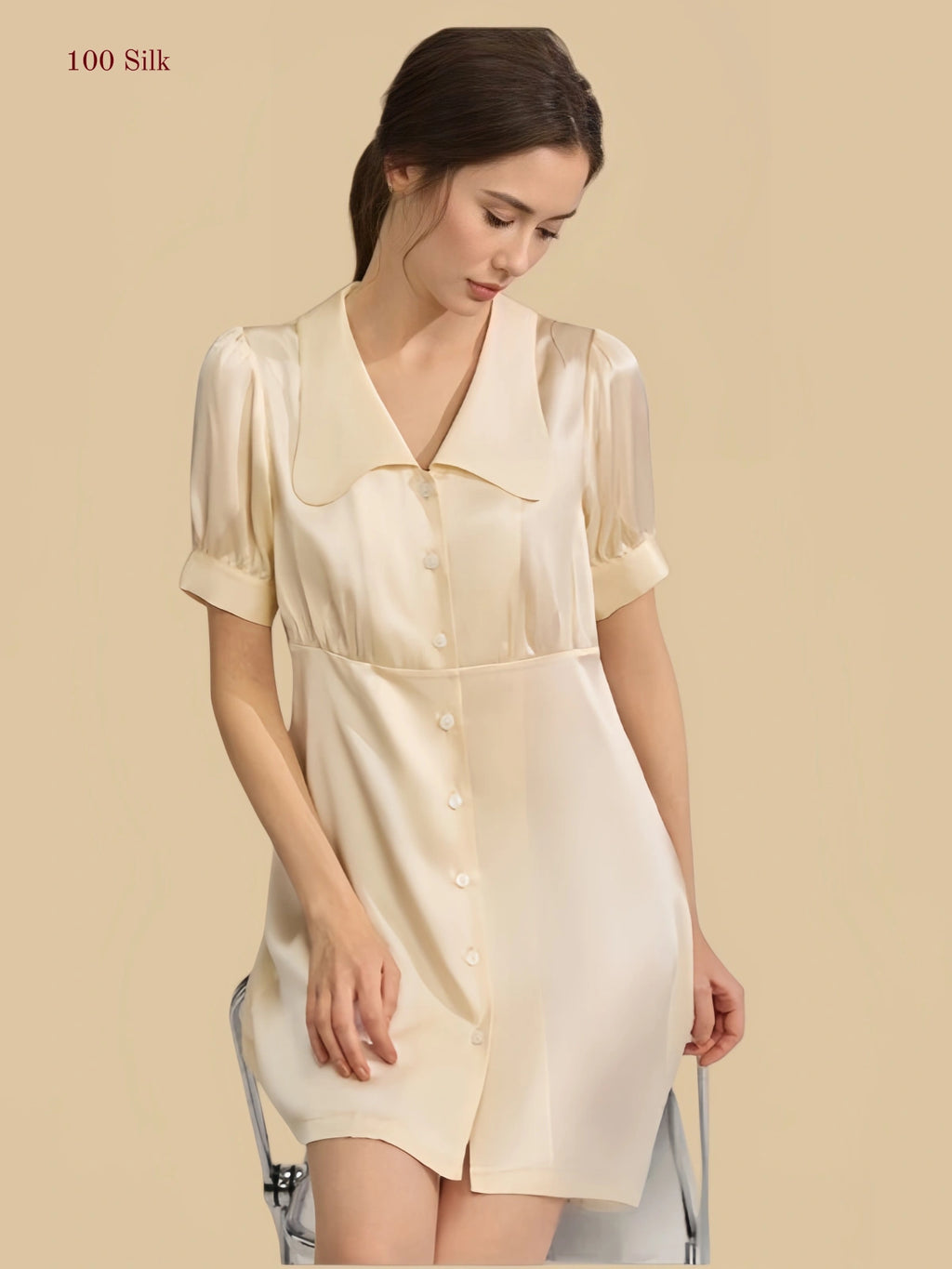 Beige 19mm silk sleep dress front view with short puff sleeves and A-line silhouette