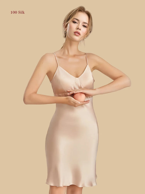 16mm pink silk camisole dress with soft V neckline front view