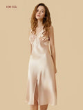 Front view of 19mm silk long slip dress with ruched V-neck and covered buttons in pink