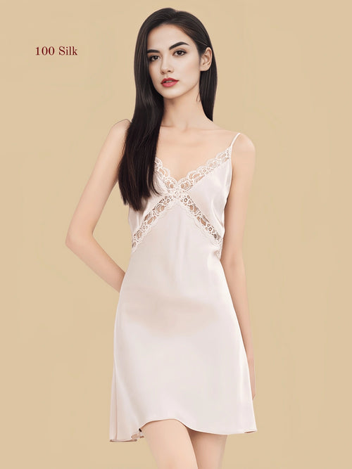16mm lace-cross nightgown with X-front lace panels front view