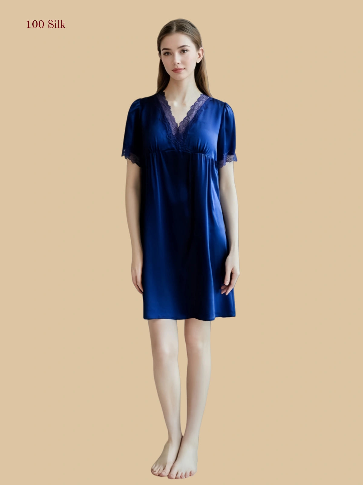 Sage Sapphire blue 16 Momme silk short nightgown with lace V-neck and ruched bust detail | Silkgala