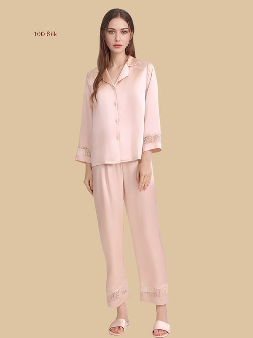 Pink 16mm lace-shoulder pajama set front view with collared button-front top and lace-trim cuffs