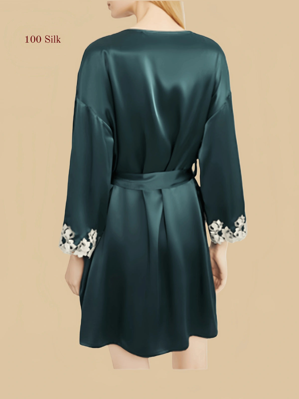 Blue 19mm silk wrap robe back view with tied waist and clean back line