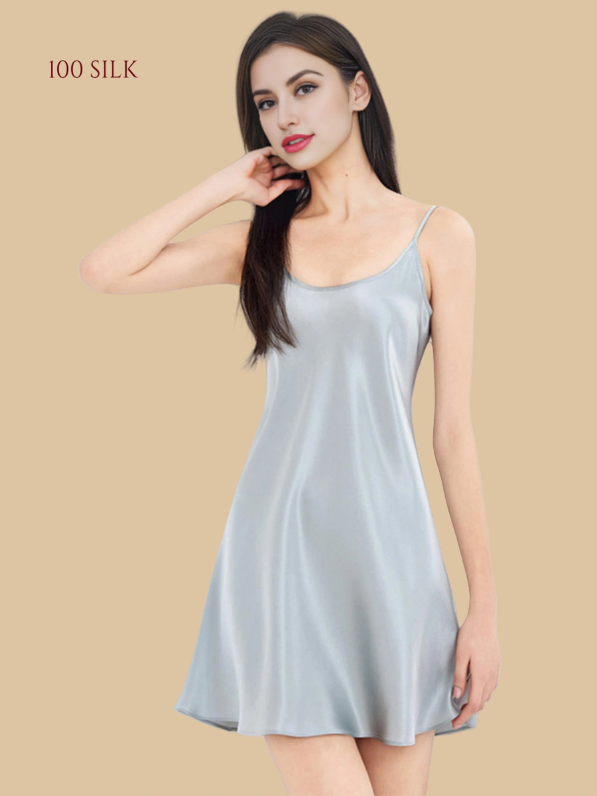 blue 19mm short silk chemise side view with slim straps and lightly flared hem
