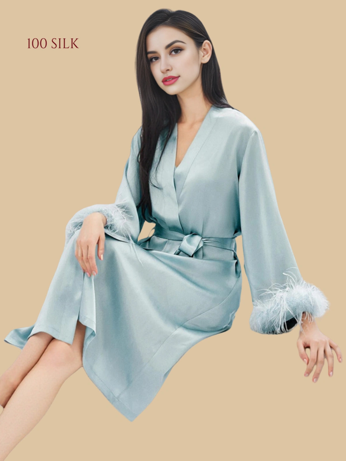 blue 19mm silk wrap lounge set front view with feather-trim cuffs and matching short chemise