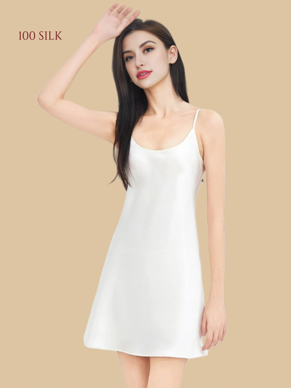 Lvory white 19mm short silk chemise side view with slim straps and lightly flared hem
