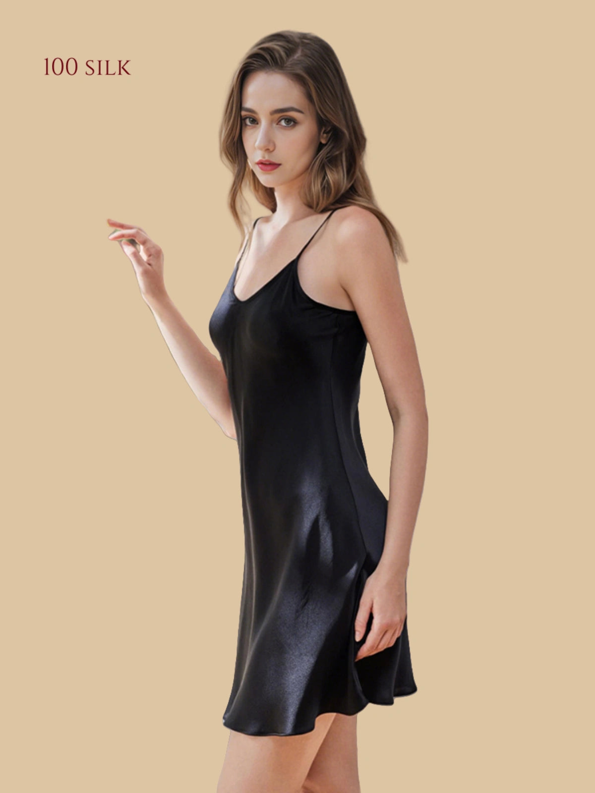 Onyx black 19mm short silk chemise side view with slim straps and lightly flared hem