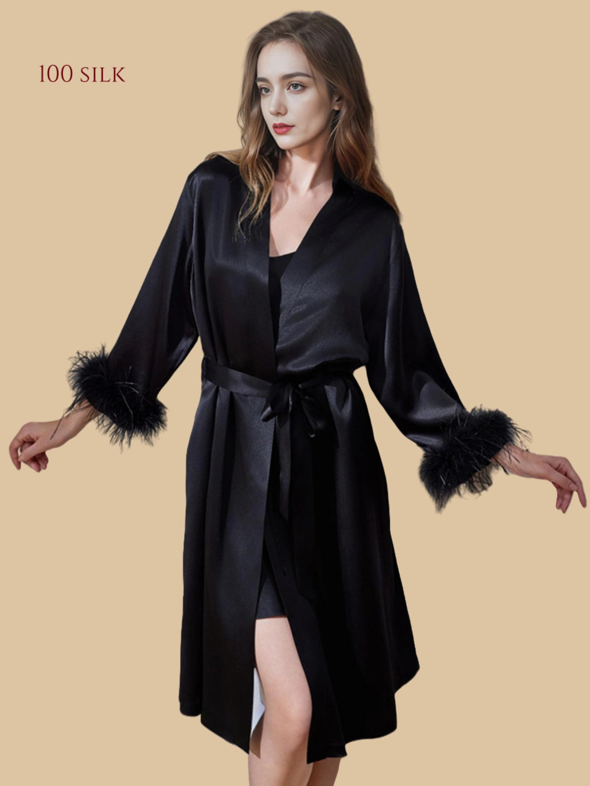 Onyx black 19mm silk wrap lounge set front view with feather-trim cuffs and matching short chemise