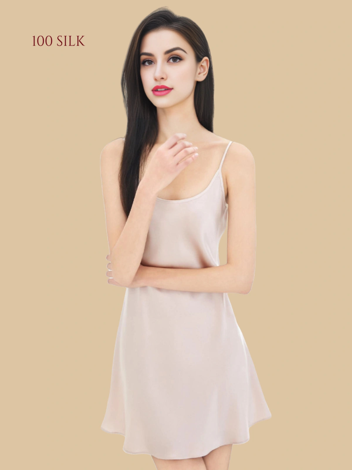 Pink 19mm short silk chemise side view with slim straps and lightly flared hem