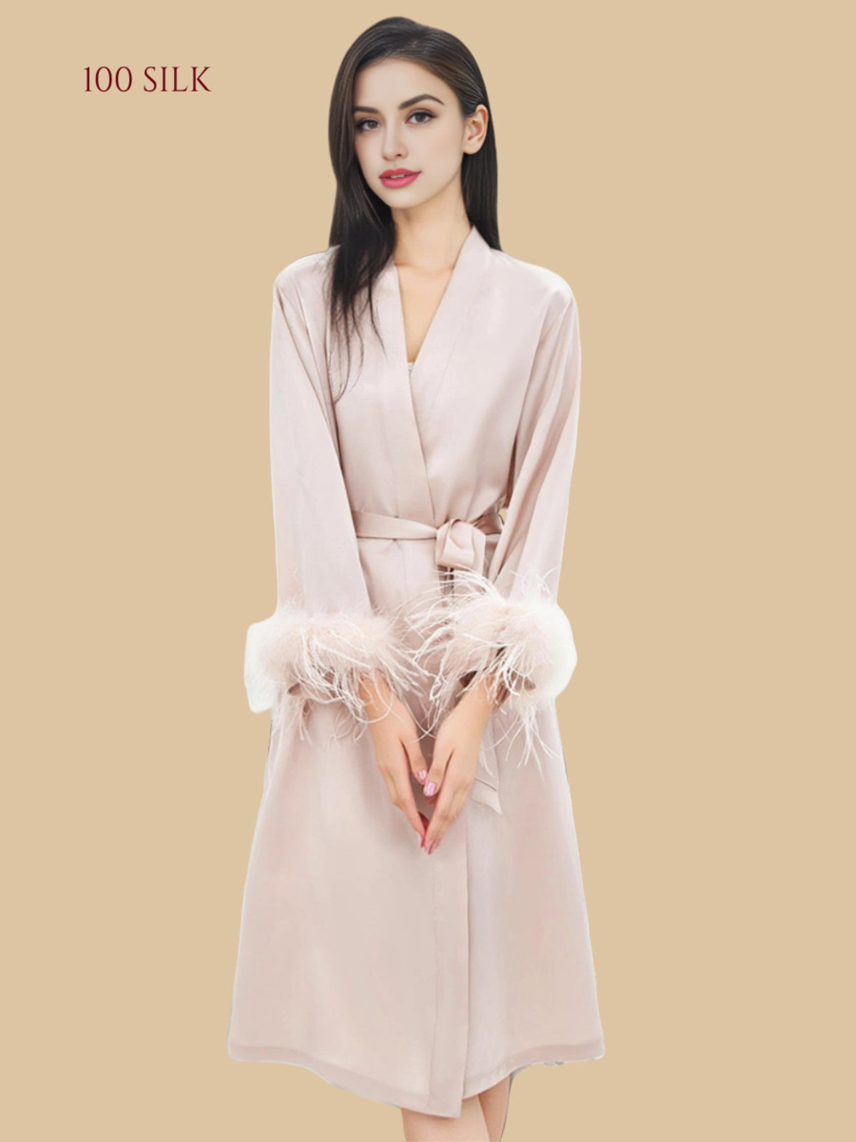 Pink 19mm silk wrap lounge set front view with feather-trim cuffs and matching short chemise