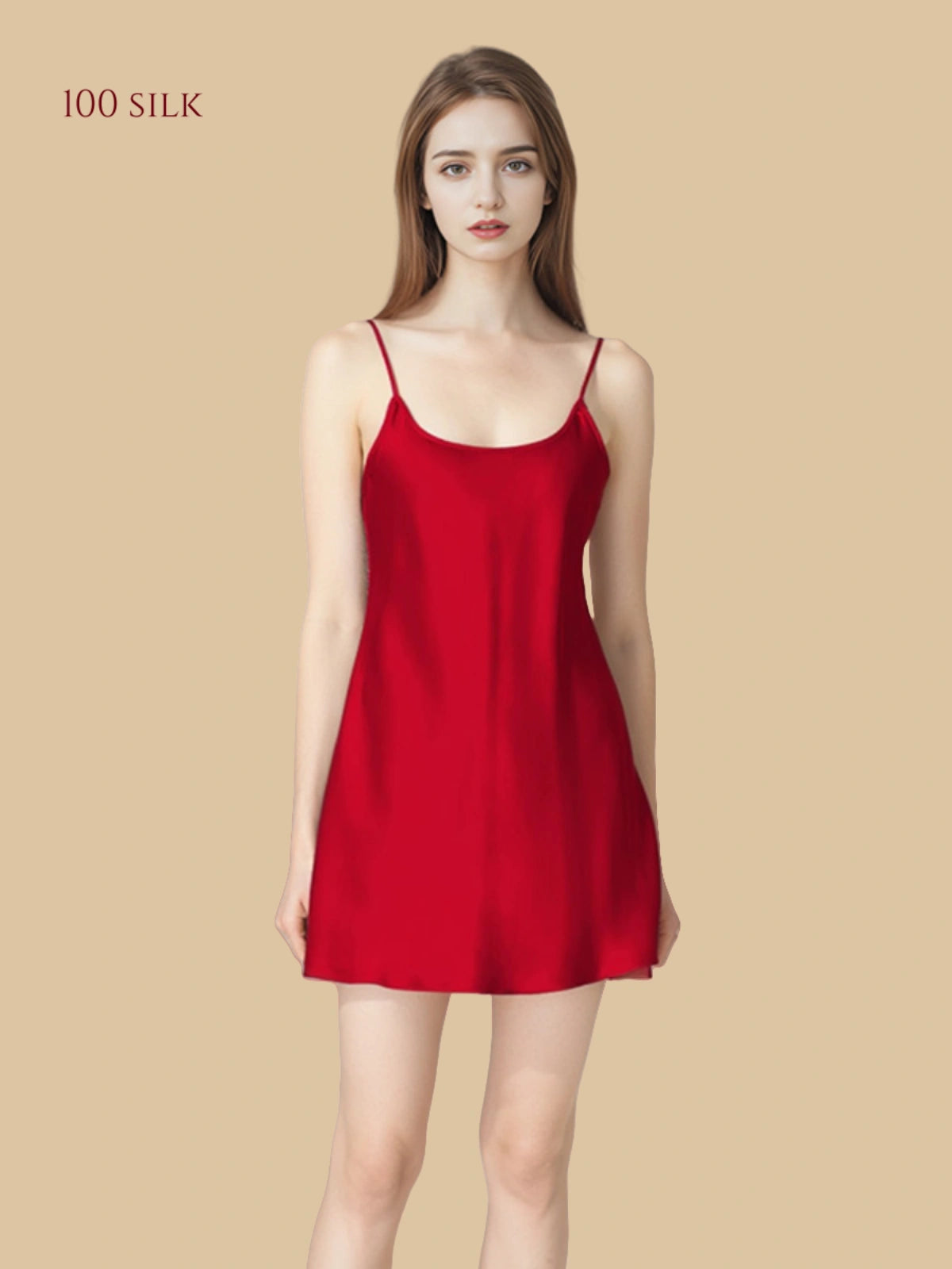 Venetian red 19mm short silk chemise front view with slim straps and smooth body line