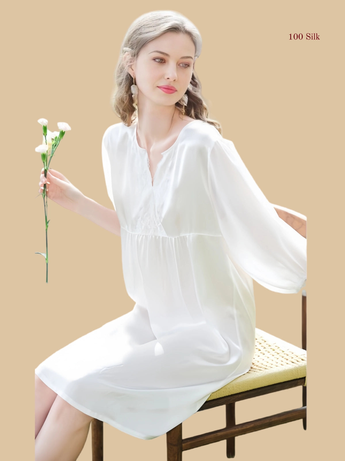 Women's Silk Three Quarter Length Sleeve Dress - 100% Mulberry Silk Silk Nightgown And Robe Set | Silkgala