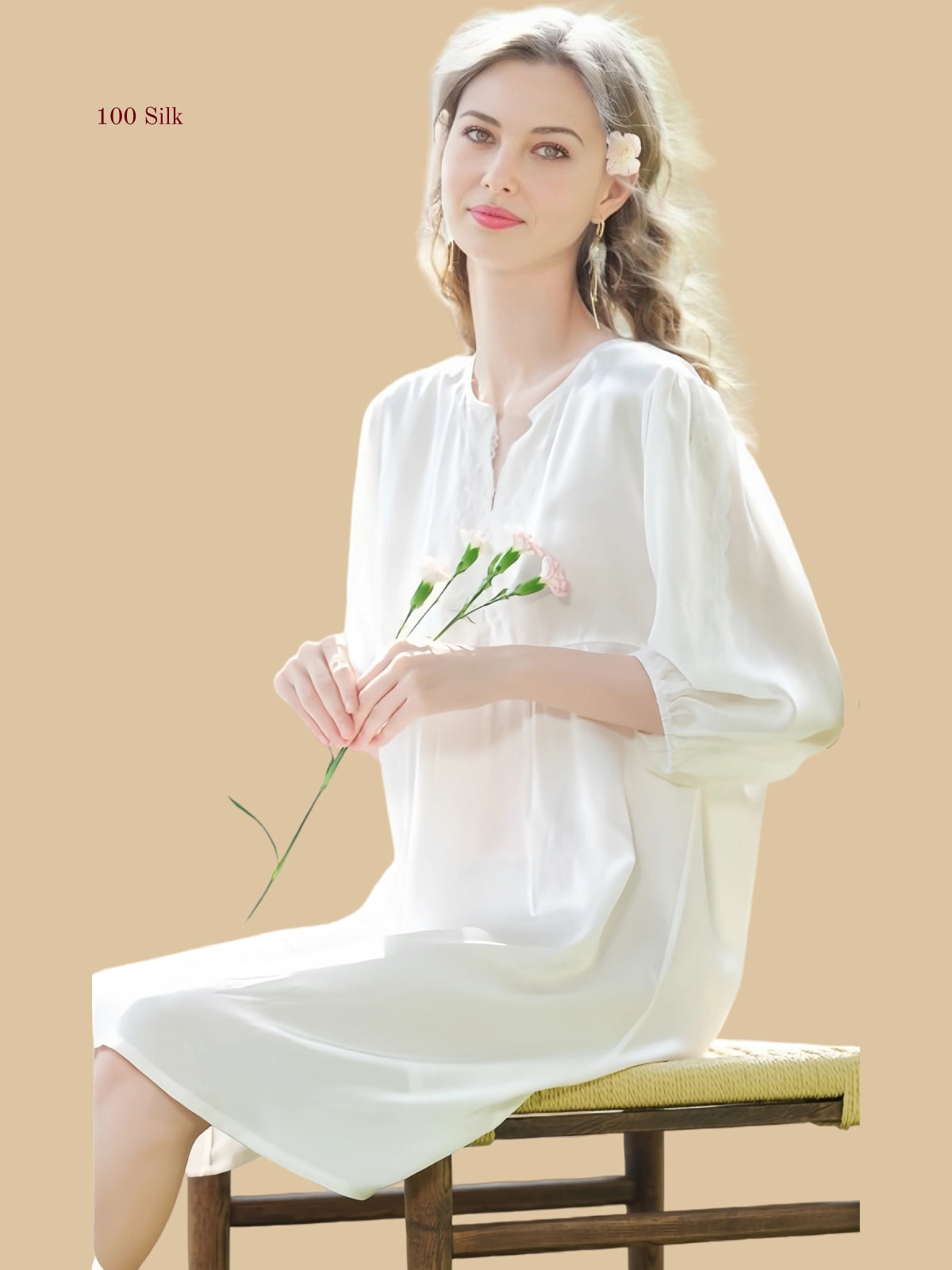 Women's Silk Three Quarter Length Sleeve Dress - 100% Mulberry Silk Silk Nightgown And Robe Set | Silkgala