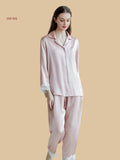 Cherry blossom pink 19mm open-collar silk set front view with lace-trim cuffs and pant hems