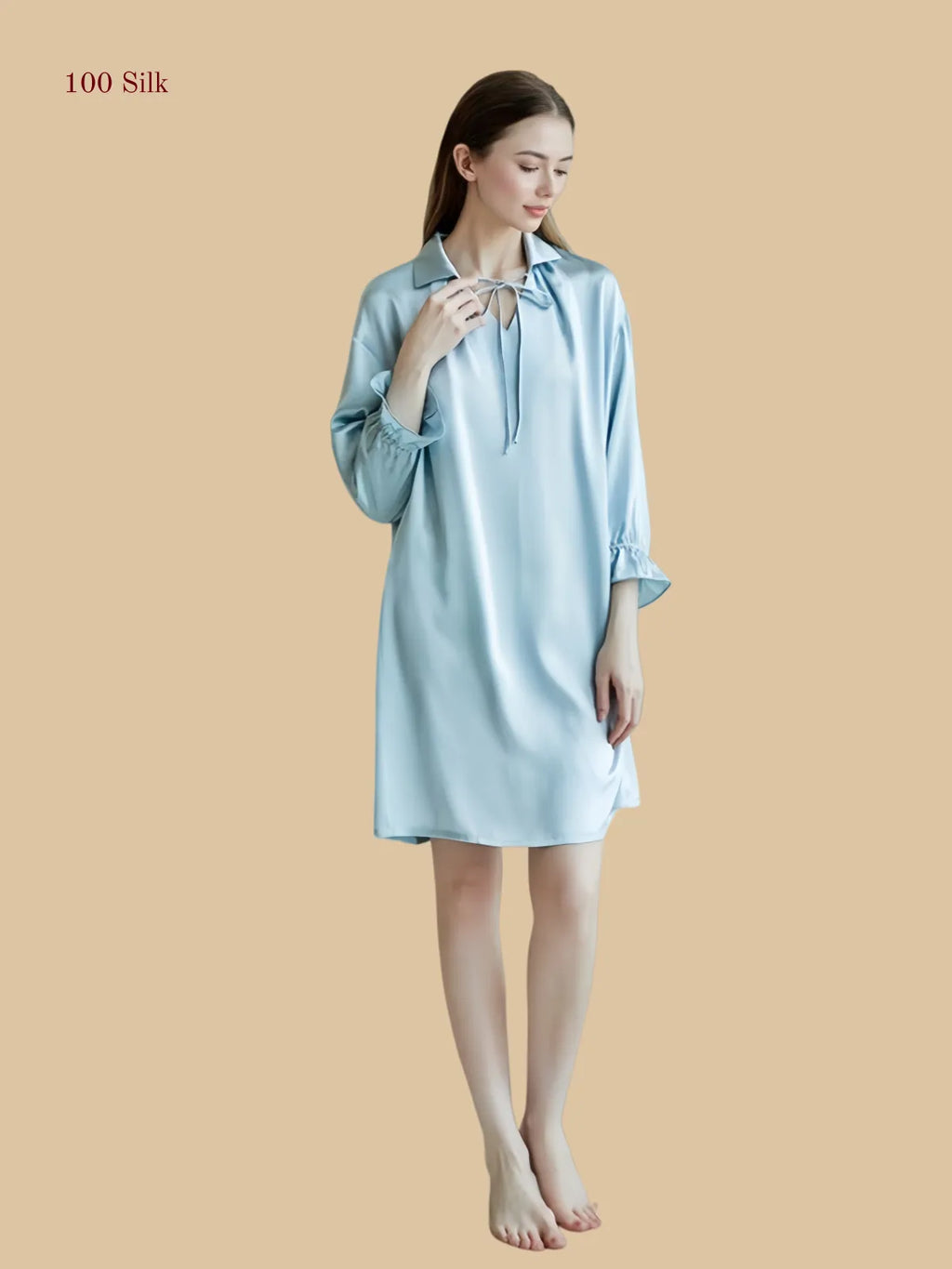 Light blue 16mm silk sleep dress front view with tie collar and loose long