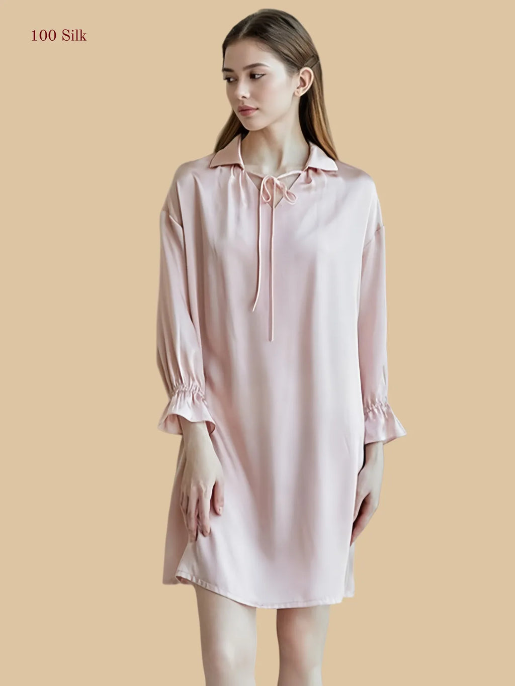 pink 16mm silk sleep dress front view with tie collar and loose long